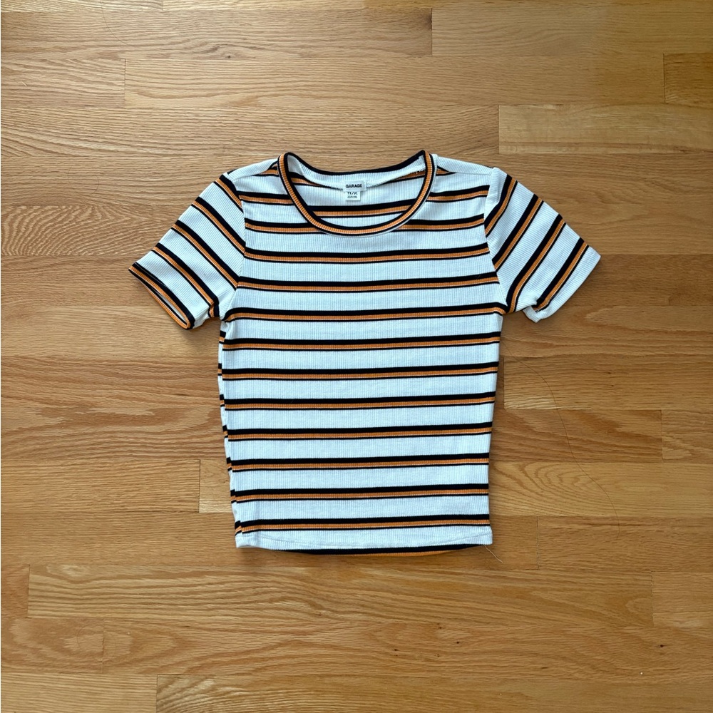 Garage White, black and yellow Striped Short Sleeve Tee